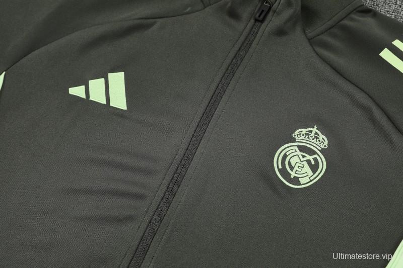 25/26 Real Madrid Dark Grey with Neon Green Stripes Half Zipper Jacket Tracksuit +Long Pants