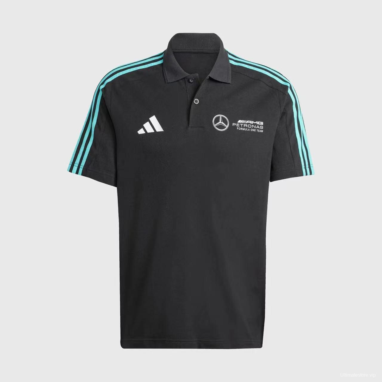 2025 F1 Mercedes-AMG Petronas Formula One Team Black with Turquoise Three Stripes Polo Shirt