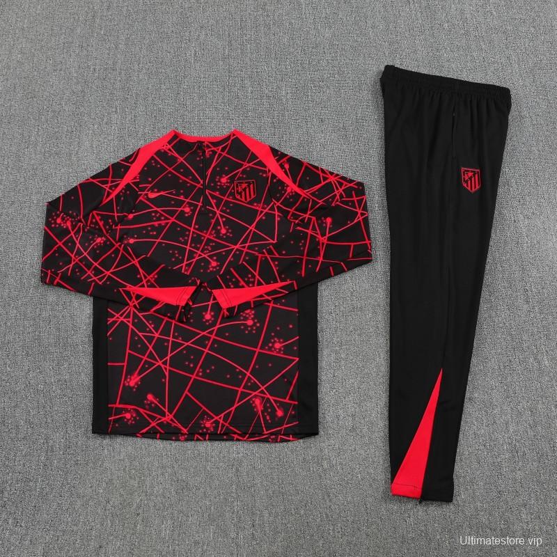 25/26 Atletico Madrid Black with Red Geometric Lines Pattern Half Zipper Jacket Tracksuit +Long Pants