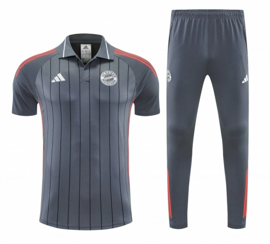 26/27  Bayern Munich Grey Stripes Polo Training Shirt + Long Pants Tracksuit