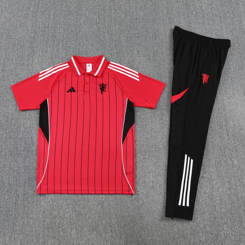 26/27 Manchester United  Red Stripes  Polo Training Shirt + Long Pants Tracksuit