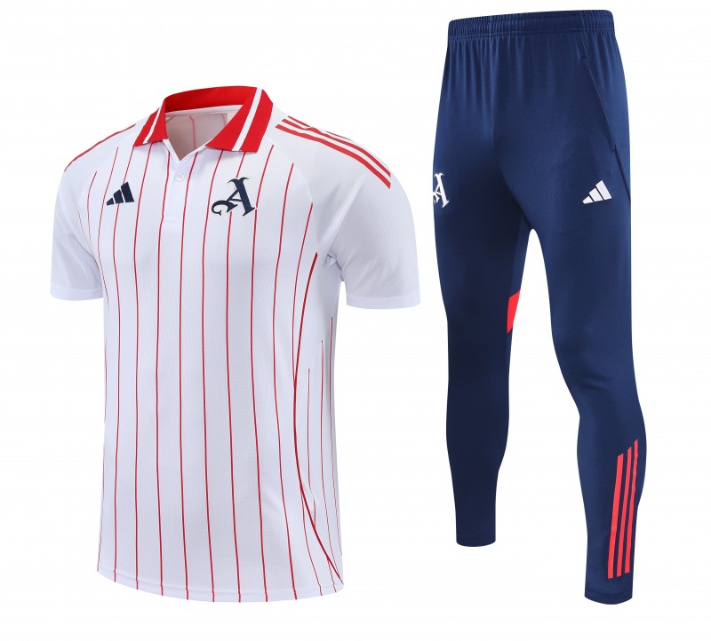 26/27 Arsenal  White&Red Stripes  Polo Training Shirt + Long Pants Tracksuit
