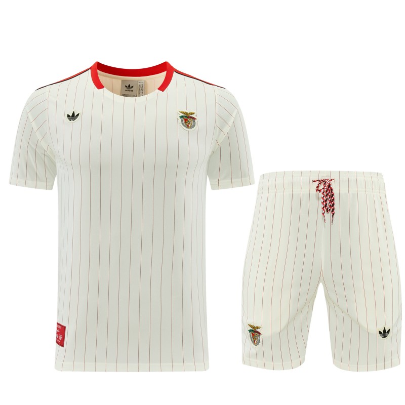 26/27 Benfica × Adidas Originals Off-White Pinstripe Short Sleeve+Soccer Shorts
